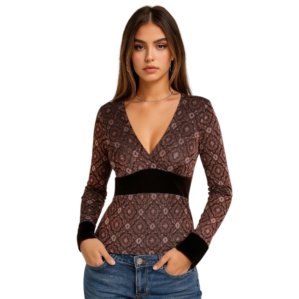Vintage Y2K Wet Seal Brown Burn Out Velvet Baby Doll Style Blouse Size Large
